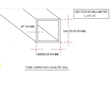 TUBE INOX CARRE 100 x 100 X 3 QUALITE DECO 304L